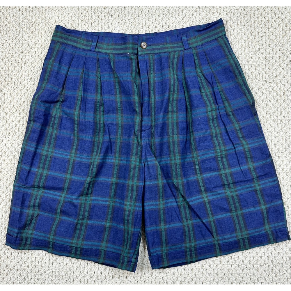 Vtg Outrigger Shorts Fits Mens 32 Navy Green Lined Plaid Tartan Pleated Cuff 90s